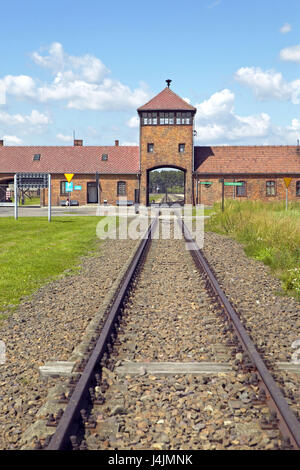 Polen, Birkenau, Landesmuseum, Gebäude, Tor, Eisenbahnschienen, Gefängnis Camping Europa, Rzeczpospolita Polska, kleine Pole, Auschwitz II, Konzentrationslager, Wojew½dztwo Malopolskie Oswiecim, Zweiter Weltkrieg, Kriegsgeschichte, Zerstörung Lager, Lager SS-Zerstörung, Gefangener des Krieges Lager, Massenvernichtungswaffen, Antisemitismus, Denkmal, Erinnerung, UNESCO-Weltkulturerbe, Ort von Interesse, Schienen, Gleise, Turm, Tor-Turm, Auffahrt, Himmel, Wolken Stockfoto