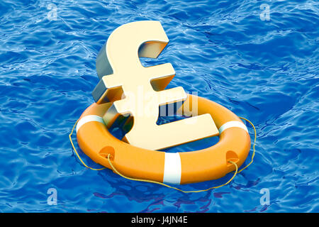 Rettungsring mit goldenen Pfund-Symbol auf dem offenen Meer, 3D rendering Stockfoto