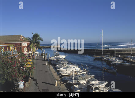 La Reunion, Saint Gilles-Les-Bains, lokale Ansicht Hafen draußen, Maskarenen, Inselgruppe, Vulkan-Inseln, Insel, Indischer Ozean, Meer, Seebad, Ort, St. Gilles-Les-Bains, St. Gilles, Hafenpromenade, Boote, Einträge in Übereinstimmung mit. Originator Stockfoto