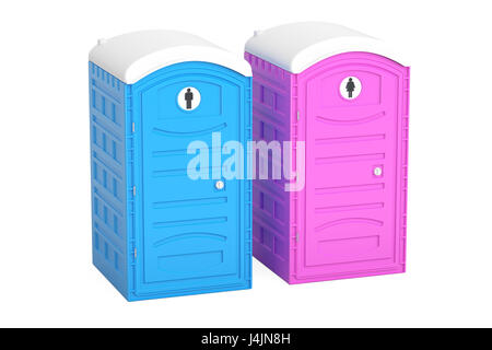 Tragbare blaue und rosa Toiletten, 3D-Rendering isoliert auf weißem Hintergrund Stockfoto