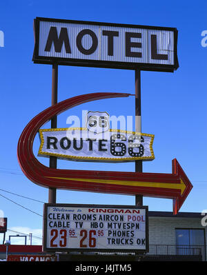 USA, Arizona, Route 66, Kingman, Zeichen, route 66 Motels Amerika, außen, Autobahn, Landstraße, Verkehr Anlage, Ost-West-Verbindung, Route, Schild, Werbung, Neonlichter, Straßenschild, Hotel Werbung Stockfoto