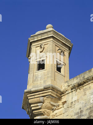 Malta, Valletta, Halbinsel Senglea, Punkt Vedetta, Aussichtsturm, von unten Inselstaat, Insel, Mittelmeer, Stadtmauer, Burg, Blick, Turm, Struktur, Baustil, Sehenswürdigkeit, Tourismus Stockfoto