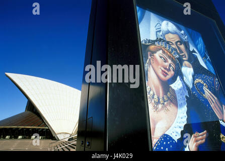 Australien, Sydney, Opernhaus, Detail New South Wales, Oper, Sehenswürdigkeit, Stadt, Ort von Interesse, Gebäude, Bau, Struktur, Architektur, Architekt Jörn Utzon, Kultur, Plakat, Programm Stockfoto