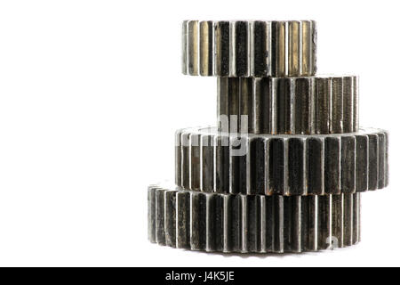 Zahnräder, die isoliert auf weißem Hintergrund Stockfoto