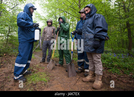 BOULOGNE SUR MER, Frankreich – Herr Kevin Dalton (links), ein Archäologe mit dem Defense POW/MIA Accounting Agency, erklärt die Tage Aufgaben ein DPAA Recovery-Team während einer DPAA Mission in einem Wald in der Nähe von Boulogne-Sur-Mer, Frankreich am 3. Mai 2017. Das DPAA-Team ist auf der Suche nach ein US Army Air Force Flieger, die auf tragische Weise ums Leben kam, während des Fluges seine P - 47D-Flugzeuge am Oktober 1943 während des zweiten Weltkriegs. (Foto: U.S. Air Force TSgt Brian Kimball) Stockfoto