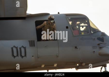 Ein US-Marine Corps Tiltrotor Crewchief, mit der Marine Medium Tiltrotor Squadron - 364 (VMM-364), Kollegen aus der Tür ein MV-22 Osprey, während einer gemeinsamen Übung mit Combat Medics aus der 86. Combat Support Hospital sowie Rettungsassistenten aus Area Support Group - Kuwait, gemeinsame Notdienste im Camp Arifjan, Kuwait 8. Mai 2017.   (US Armee-Foto von Sgt. Christopher Bigelow) Stockfoto