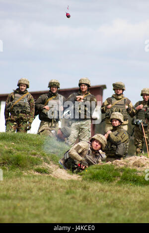 Ein ukrainischer Soldat 1. Airmobile Bataillon zugeordnet, 79. Air Assault Brigade wirft eine Praxis-Granate während des Trainings unter der Leitung von Yavoriv GÜZ Trainern im Yavoriv CTC International Peacekeeping und Security Center in der Nähe von Yavoriv, Ukraine, am 10. Mai.    Yavoriv CTC-Personal zusammen mit Mentoren aus der US-Armee 45. Infantry Brigade Combat Team, führen Granate Einarbeitung und Ausbildung Beschäftigung mit Soldaten aus den 1-79. während der Rotation des Bataillons durch Yavoriv CTC. 45. bereitgestellt wird, in die Ukraine als Teil der gemeinsamen multinationalen Training Group-Uk Stockfoto