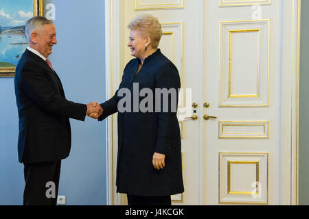 US-Verteidigungsminister Jim Mattis trifft sich mit litauische Präsidentin Dalia Grybauskaitė während eines Besuchs in der Presidential Palance in Vilnius, Litauen, 10. Mai 2017. (DOD Foto von US Air Force Staff Sgt Jette Carr) Stockfoto