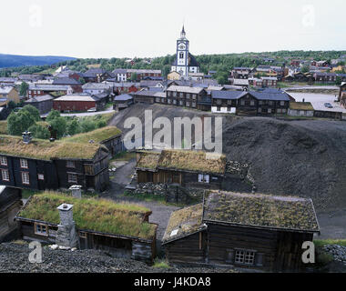 Røros, Norwegen Stadt anzeigen außerhalb Skandinavien, Mittelnorwegen, Provinz von Sör Tröndelag, Østerdal, Stadt, historisch, Kupfer-Bergbau, Kupfer Produktion, Bergbau, Bergbau, Altstadt, Kirche, Kupfererz, Fachwerk-Konstruktionen, Holzhäuser, UNESCO-Weltkulturerbe, Ort von Interesse Stockfoto