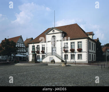 Deutschland, Niedersachsen, Quakenbrück, Marktplatz, Rathaus, 1818 Europas, Oldenburg Kathedrale Land, Art Land, Gebäude, Struktur, Architektur, Klassizismus, außerhalb Stockfoto