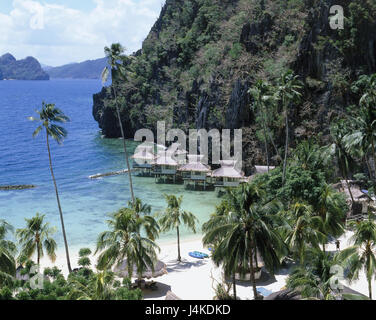 Die Insel Palawan, Philippinen Miniloc, el Nido Resort, Bay, Ferien Anlage, aufbauend auf Stelzen, Süd-Ost-Asien, malaiischen Archipel, Inselgruppe, Insel, Küste, Galle Küste, Bad Bucht, Strand, Palm Beach, Bungalows, Reiseziel, Urlaubsziel, Tourismus Stockfoto