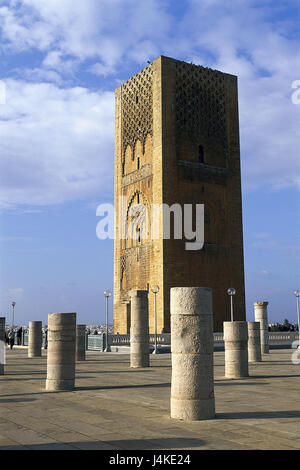 Marokko, Rabat, Hassan-Turm, Säulen, anzeigen Afrika, Stadt, La Tour Hassan, Turm, Wahrzeichen, quadratische Minarett, Steinrelief, Struktur, Architektur, Ort von Interesse, Kultur, Tourismus, außerhalb Stockfoto