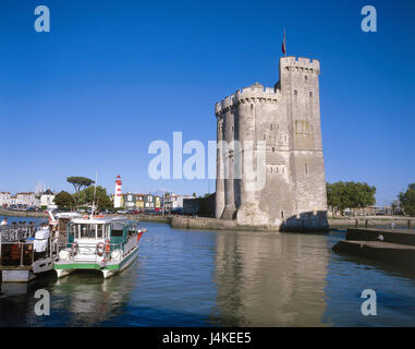 Frankreich, Aquitanien-Poitou, La Rochelle, Vieux Port, Tour Stück Nicolas von Europa, Stadt, Hafen, Hafenbecken, Schiffe, Boote, Turm, Nikolas Turm, 1345, 36 m hoch, Hafen, Museum, Museum, Struktur, Kultur, Ort von Interesse Stockfoto