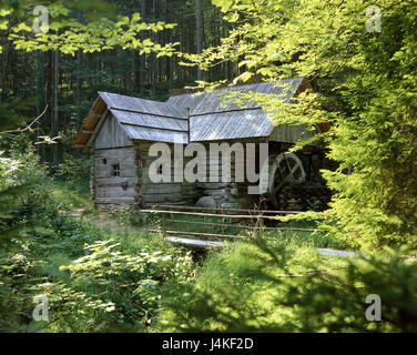 Österreich, Salzburg, Großgmain, Freilichtmuseum, Liesermühle Europa, Salzburger Land, Salzburger Freilichtmuseum, Museum, Museumsdorf, Mühle, Wassermühle, abgesehen, Wasserrad, Ort von Interesse, Bach, Bachlauf, Holz, Sommer, Ziel Stockfoto