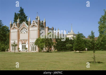 Deutschland, Sachsen-Anhalt, Wörlitzer Park, gotisches Haus Europa, Ostdeutschland, Erholungsgebiet, Landschaft Park Wörlitz, baut im Jahre 1773 - 1813, architektonischen Stil neue gotische, Ort von Interesse, Struktur, Architektur, Oranier-Route Stockfoto