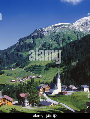 Österreich, Vorarlberg, Bregenzer Wald, Schröcken, lokale Übersicht, Berg Hochtann Europa, Alpen, Platz, Platz, Berglandschaft, Kirche, Stockfoto