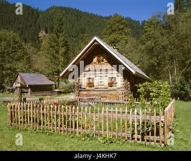 Österreich, Salzkammer Eigenschaft, Gosau, open-air Museum Paarhof, Bauernhaus Europa, Oberösterreich, Hochtal, Gosau Hintertal, Haus, Hof, Bauernhof, Holzhaus, Fachwerk-Bau Weise, ländlich, ländlich-rustikal, Fenster, Blumen, Geranien, Garten, Gemüse, Gartenzaun Stockfoto