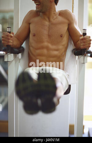 Mann, Trainingsgerät, Fitness-Studio, Abdominal-Übung gewellt jung, sportlich, gut ausgebildete, oberen Teil des Körpers frei, training, Gewicht, Training, Bahn, Fitnessgerät, anziehen, Belastung, anstrengend, Kraft, Muskeln, straffen, Muskel Aufbau, Magen, Muskeln, Bauchmuskulatur, Sport, Sport, Kraft Sport, Bodybuilding, innen Stockfoto