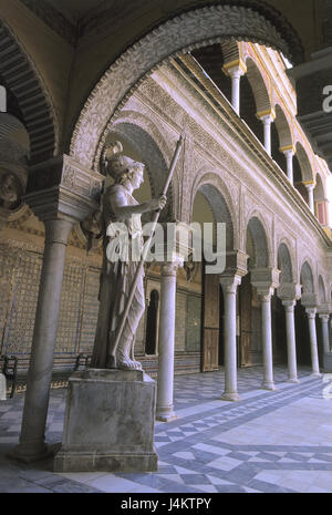 Spanien, Andalusien, Sevilla, Casa de Pilatos, Innenhof, Statue Europa, Andalusien, Pilatos Haus, Palast, Plaza Pilatos, 16 Jh., Arkaden, Säulen, Baustil, Architektur, Kultur, Architektur, Ort von Interesse Stockfoto