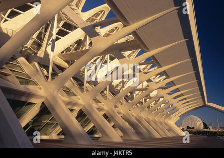 Spanien, Valencia, Ciudad de las Artes Y las Ciencias, Museo de las Ciencias "Príncipe de Felipe", Fassade, Detail Europa, Valäncia, Valencia Stadt, Rio Turia Flussbettes, Kulturpark, "Stadt der Künste und Wissenschaften", Architektur, Struktur, moderne, Avantgarde, Technikmuseum, Science Museum, Museum, Museumsbau, Zahnspange, Klammer Balken, streben, L'Oceanografic, Gebäude Hintergrund gewölbt Stararchitekten Santiago Calatrava, Ort von Interesse, außerhalb Stockfoto