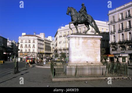 Spanien, Madrid, Plaza De La Puerta del Sol, Reiterstandbild "Carlos III." Europa, Hauptstadt, Square, Denkmal, Erinnerung, bluten, Standbild, Straßenszene, Verkehr, Stadtbild, Kultur, Ort von Interesse Stockfoto