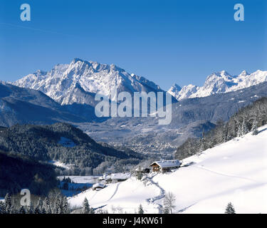 Deutschland, Berchtesgadener Land, Oberau, Berchtesgaden, lokale Übersichten, Winter, Europa, Bayern, Orte, Häuser, Wohnhäuser, Berglandschaft, Berge, bluten Alp, Landschaft, Berge, Berge, Natur, tief verschneiten, winterlichen, kalt, Saison, Kälte für hohe, Stockfoto