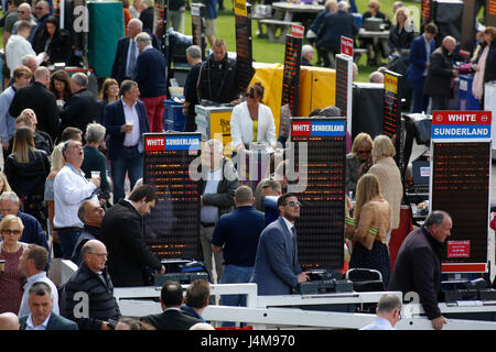 Buchmacher und Racegoers vor der Betfred Mobile Eichen Trial Fillies' Stakes Rennen laufen in Lingfield Park Racecourse. Stockfoto