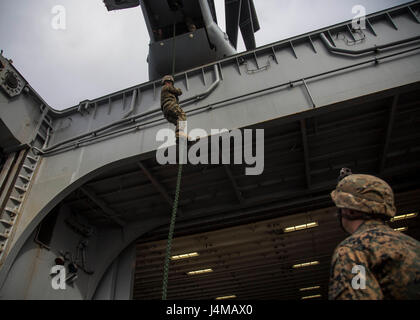 USS MAKIN ISLAND, auf hoher See (8. November 2016) – A Marine Battalion Landing Team 1. BN, 4. Marines, 11. Marine Expeditionary Unit, beendet die Rückseite ein MV-22 Osprey, Verwendung der schnell-Seil Hubschrauber Seil Aussetzung Technik (HRST) Methode während HRST Ausbildung an Bord der USS Makin Island (LHD 8), während flott in den Pazifischen Ozean, 8. November 2016 durchgeführt. Das Training wurde durchgeführt, um zu erhöhen die Marines-Fähigkeiten, um Operationen schnell-Seil, das ist eine Fertigkeit, die sie benutzen konnten, während Einsätzen während der MEU Westpazifik 16-2 Bereitstellung an den Pazifik und Mittel- Stockfoto