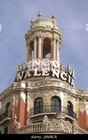 Spanien, Valencia, Stadtzentrum, Altstadt, Plaza de aus Pinazo, Banco de Valencia, Detail, Turm Europa, Valäncia, Valencia Stadt, Gebäude, Bank, Haus, Fassade, Fassade, Schlaganfall, Revolver, Architektur, Geländer, Faïence Fliesen, Azulejos, Fliesen Bilder, Kunst, draußen Stockfoto