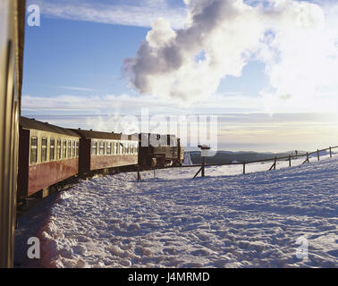 Deutschland, Sachsen-Anhalt, Harz, Klumpen, Kleinzeit Flugbahn Europa, Ostdeutschland, Deutsch niedrige Gebirge, Berg, Gipfel, 1142 m, Zug, Zug anhalten, Personentransport, Mittel von Transport, Harzer Schmalspurbahn Flugbahn, Winter, Schnee, Winterlandschaft Stockfoto