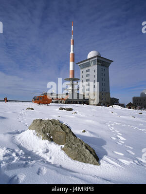 Deutschland, Sachsen-Anhalt, Harz, Klumpen, Kloß Hotel, Antenne, Europa, Ostdeutschland, Deutsche Mittelgebirge, Berg, Gipfel, 1142 m, Reiseziel, Hotel, Klumpen, Hotel, Antennen, Sendemast, Hubschrauber, Ort von Interesse, Schnee, Winter, Stockfoto