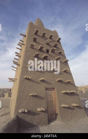 Mali, Timbuktu, mucky Moschee "Djinger der Republik", Minarett Afrika, Westafrika, Binnenland, Oasenstadt, Stadt, mucky Stadt, mucky Einstellung, Gebäude, Turm, mucky Bauweise, Baustil, in der Regel für Architektur, Land, Ort von Interesse, UNESCO-Weltkulturerbe Stockfoto