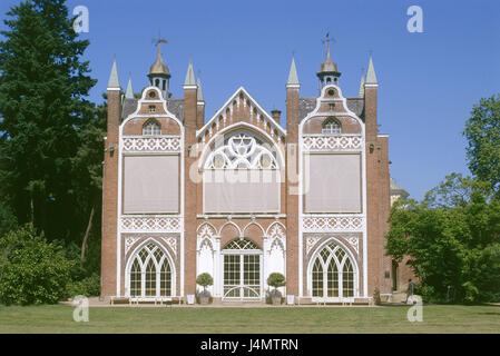Deutschland, Sachsen-Anhalt, Wörlitzer Park, gotisches Haus, Fassade Europa, Ostdeutschland, Erholungsgebiet, Landschaft Park Wörlitz, baut im Jahre 1773 - 1813, architektonischen Stil neue gotische, Ort von Interesse, Struktur, Architektur, Oranier-Route Stockfoto