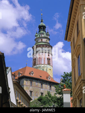 Tschechien, South Bohemian, Cesky Krumlov, Burg Krumau, Detail, Turm, Europa, Osteuropa, Tschechien, Ceská Republika, Böhmen, Krumau, Stadt, Gebäude, Burg, Häuser, Wohnhäuser, Altstadt, Schloss Turm, Architektur, Struktur, UNESCO-Weltkulturerbe, Ort von Interesse Stockfoto
