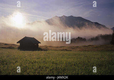 Deutschland, Oberbayern, Buckel, Wiesen, tuning-Morgen, Nebel Europa, Bayern, Werdenfels, Landschaft, Schutzgebiet, Wiese, Heuhaufen, Landschaft, Berge, Natur, menschenleer, Erholung, Ruhe, Idylle, atmosphärische Stockfoto