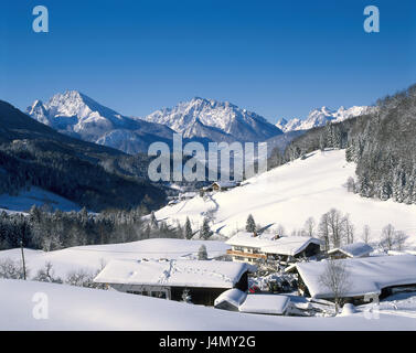 Deutschland, Berchtesgadener Land, Oberau, lokale Übersicht, winter, Europa, Bayern, Berchtesgaden, Häuser, Wohnhäuser, Landschaft, Berge, Watzmann, bluten, Alp, Landschaft, Berge, Berge, Natur, tief verschneiten, winterlichen, kalt, Saison, Kälte für hohe, Stockfoto