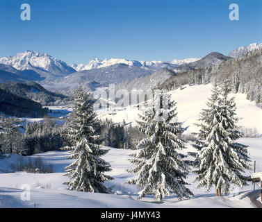 Deutschland, Berchtesgadener Land, Oberau, lokale Übersicht, Winter Europa, Bayern, Berchtesgaden, Berglandschaft, Berge, bluten Alp, Landschaft, Berge, Berge, Natur, tief verschneiten, winterlichen, kalt, Saison, Kälte für hohe, Stockfoto