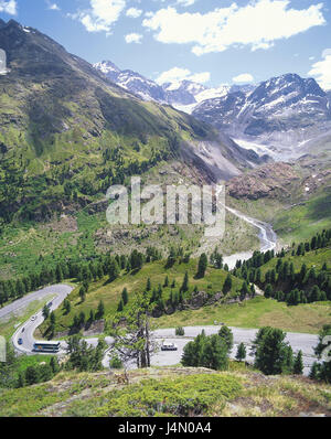 Österreich, Tirol, Kaunertal, Bergpass, Gepatschferners, Gletscherstraße, Pass, Straße, Kurven, Wicklung, Busse, Autos, Reiseziel, Reiseziel, Reiseroute, Bäume, Berge, Gletscher, Stockfoto