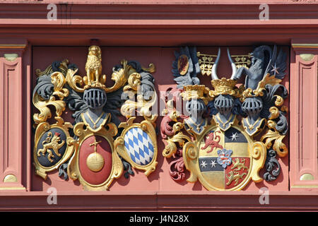 Deutschland, Hessen, Groß-Umstadt, Renaissance-Rathaus, Mantel der Arme, Detail, Ode Holz, Stadt, Altstadt, mark Platz, Rathaus, Pracht-Portal, Portal, Aufbau, Struktur, Renaissance, Kurpfalz Wappen, Wappen des Hessischen Darmstadt mittlere Nahaufnahme Stockfoto