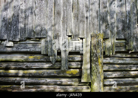 Holzhütte, Fassade, verwitterte, Detail, Stahlwerke, Scheune, Holzfassade, Holzarbeiten, alte, Moos, unvergleichlich, Abgewittert, ländlich, erdig, Objektfotografie, Stockfoto