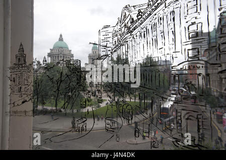 Nordirland, Ulster, county Antrim, Belfast, Leinen-sound-Library, Fenster, Zeichung, Rathaus, Stockfoto