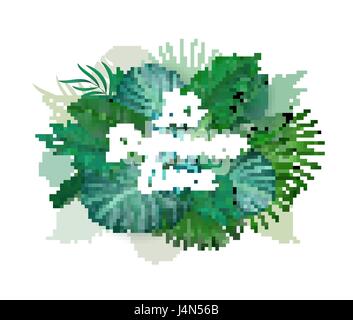 Sommer Palmen und Monstera realistische Blätter Muster Karte. Handgezeichnete Schriftzug. Urlaub tropischen Hintergrund. Qualität Aquarell Nachahmung. Stock Vektor