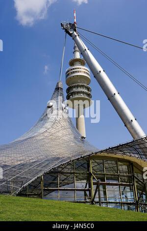 Deutschland, Oberbayern, München, Olympiastadion, Fernsehturm, Bayern, Olympiapark, Stadion, Zelt-Dach-Konstruktion, Zeltdach, Struktur, Telekommunikation Installation, Turm, Suche, Olympiaturm, sendende Turm, Rezeption Angriff, Struktur, entfernte Anmeldung Antenne, entfernte Anmeldung Turm, Reiseziel, Tourismus, Sehenswürdigkeit, Wahrzeichen, Stockfoto