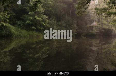 Holz, See, Pavillon, Insel, Brücke, Spiegelung, Stockfoto