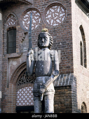 Deutschland, Brandenburg, Havel, Roland-Statue, Rathaus, Detail, Stadt Brandenburg, alte Rathaus, Rathaus-Fassade, Altstadt, Stadt, Markt, Zentrum, Statue, Roland, Wahrzeichen, Ort von Interesse, Gebäude, Fassade, Backsteinbau, Ziegel, Gothic, Rolandstatue, Verwaltungsgebäude, Denkmal, spätgotisch, spätgotische, Stockfoto