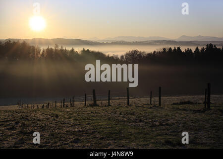 Deutschland, Oberbayern, Isar Winkel, Isartal, Bayerische Alpen, Sonnenaufgang, Stockfoto