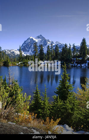 USA, Heather Wiesen, Bild Sole, Mount Shuksan, Schnee, Nordamerika, Reiseziel, Landschaft, Sehenswürdigkeiten, Natur, Schnee Reste, sonnig, menschenleer, aus der Ferne, Idylle, See, Stockfoto