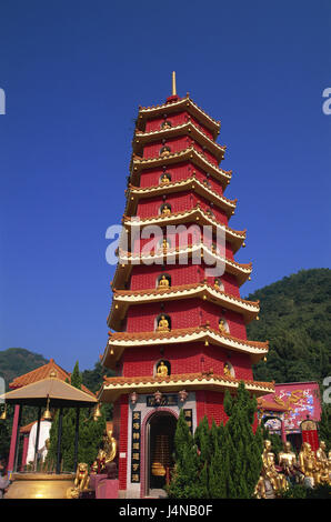 China, Hong Kong, Kowloon, New Territories, Sha Tin, Wan Fo Shek Tempel, Pagode, rot, Buddha Skulpturen, Golden, Asien, Stadt, Stadt, Weltstadt, Metropole, Festland, Halbinsel, Tempel, Tempel-Anlage, Buddhas Tempel, Wan-Fo-Shek-Tempel, Tempel-der-10000-Buddhas, Kloster von zehn tausend Buddhas, Kloster von zehn tausend Buddhas, Gebäuden, Kreuzgang, glauben, Religion, Buddhismus, Kultur, Kunst, Statuen, Figuren, Buddha, Buddha Figuren, Skulpturen, niemand, Ort von Interesse, Stockfoto