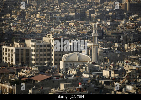 Syrien, Damaskus, Stadt anzeigen, Neustadt, Moschee, Minarett, Stadtzentrum, Innenstadt, Wirtschaftszentrum, Übersicht, Häuser, Gebäude, Hochhäuser, Architektur, Weihrauchstrasse Stockfoto