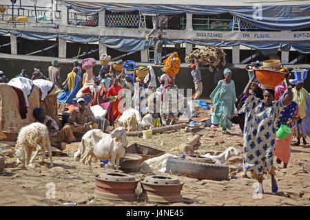 West-Afrika, Mali, Niger-Binnendelta, Stadt Mopti flux Bani, Hafen, Person, Boot, Entlastung, Stockfoto
